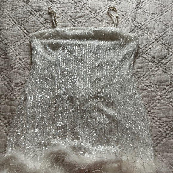 Lulus Truly Sensational White Sequin Feather Sleeveless Mini Dress - Picture 14 of 16